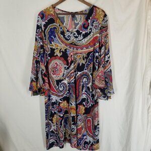 MSK Dress Womens 2X Blue Red Paisley Bell Sleeve Stretch Boho Tunic Bohemian